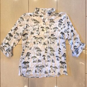 Chicos elephant print white, tan and olive green button front shirt -size 2